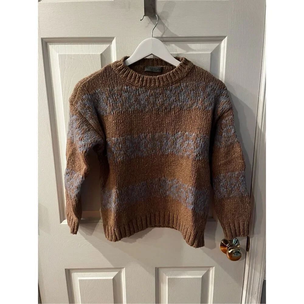 Elsamanda Italy Wool Blend Tan & Blue Crew Neck Sweater sz S EUC